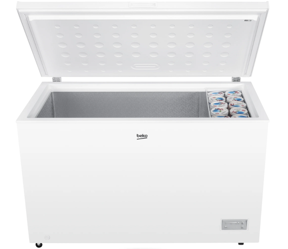 Beko Chest Freezer 371L in white with lid open, showing empty interior and ice cream tubs on the right side.