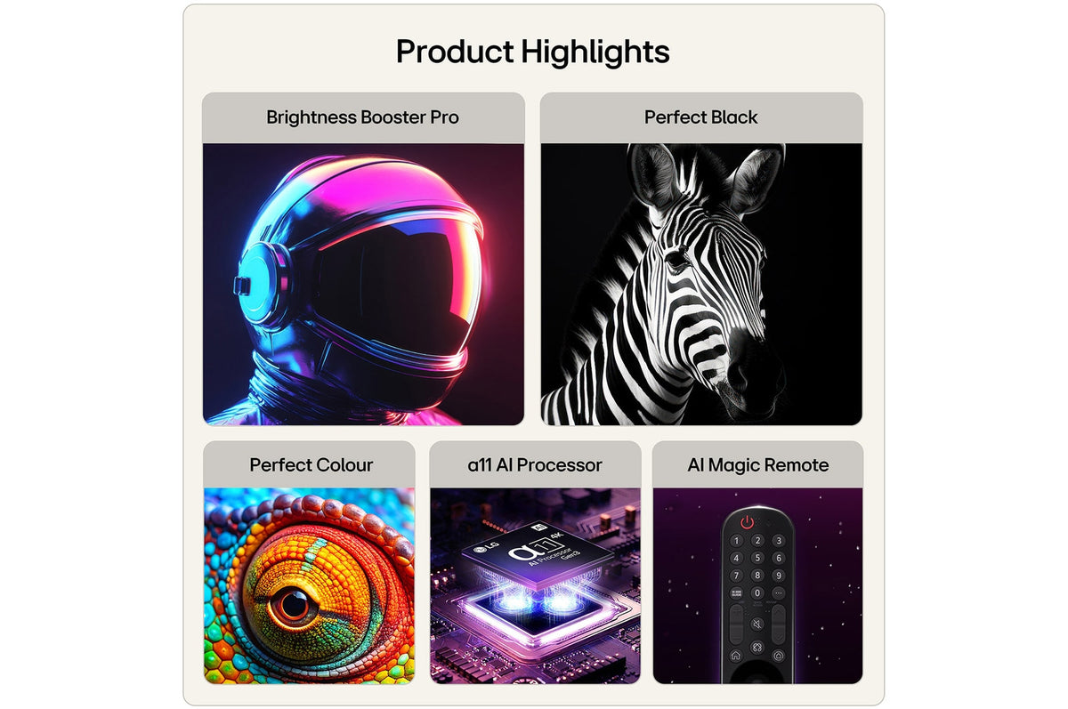 LG 77'' OLED Evo AI C6 4K Smart TV product highlights with images of astronaut helmet, zebra, chameleon eye, AI chip, and