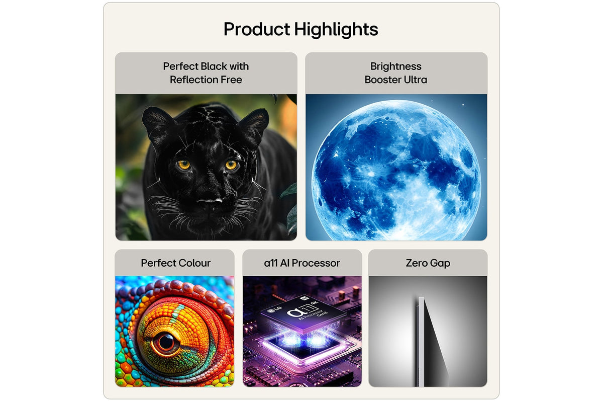LG OLED Evo Ai G6 65" 4K Smart TV product highlights showing perfect black, brightness, color, AI processor, and zero gap