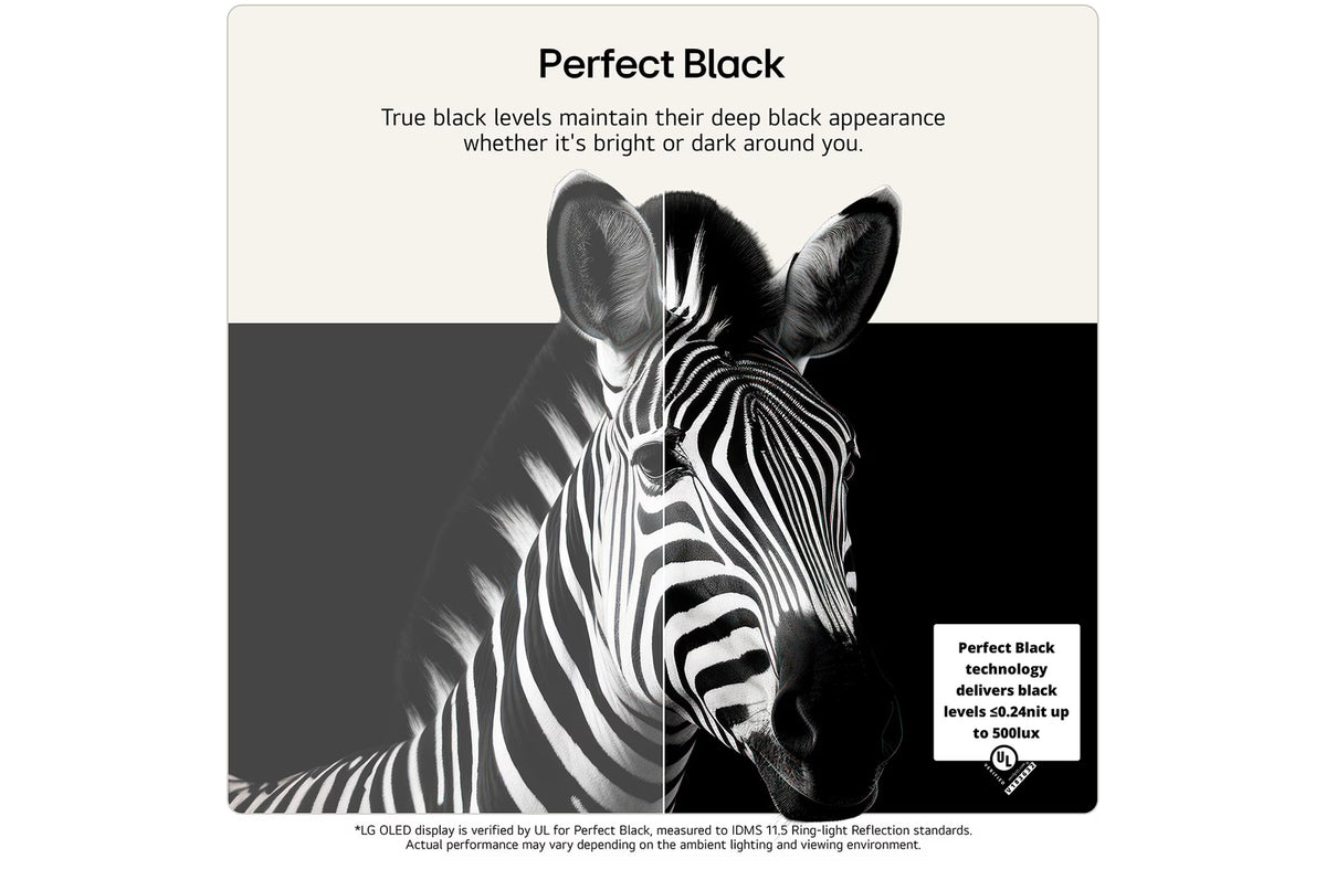 Split image of a zebra showing deep black levels on the right side for LG B6E 77" OLED AI 4K HDR TV.