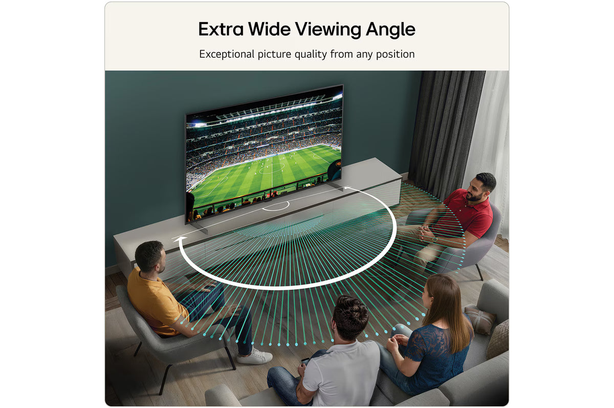 LG B6E 77" OLED AI 4K HDR Smart TV showing a soccer match with four people watching from wide angles