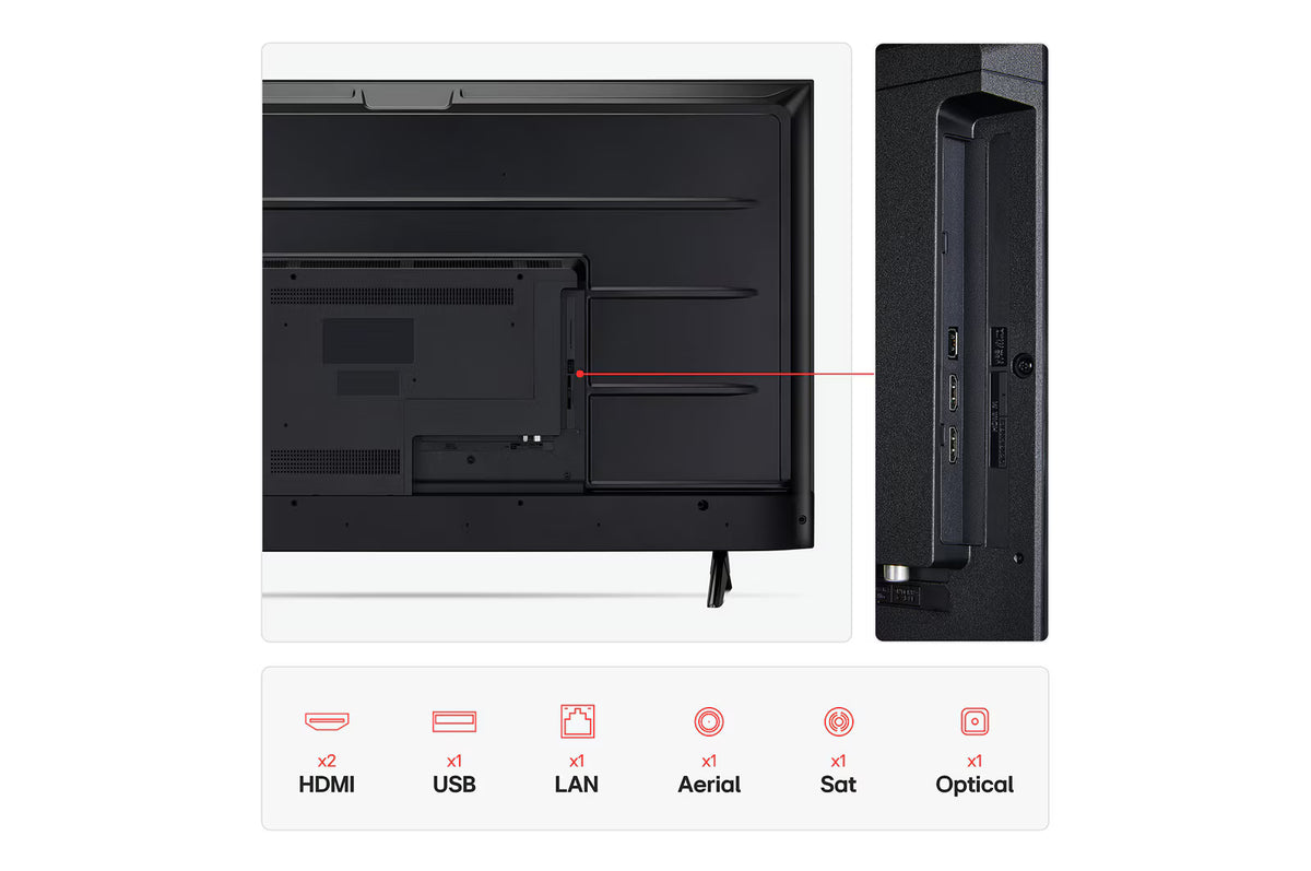 Back view of LG 43'' UHD AI Ur60 HD Smart TV showing ports including 2 HDMI, USB, LAN, aerial, sat, and optical.