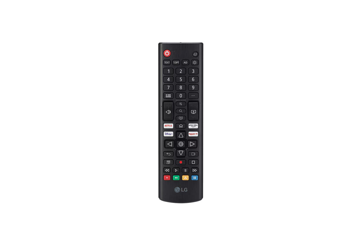Black LG remote control with numeric keypad and streaming service buttons for Netflix, Disney+, Prime Video, and Rakuten TV