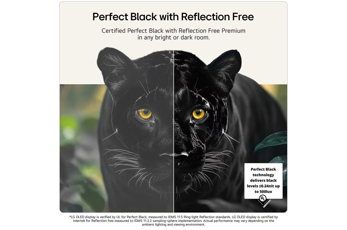 Split image of a black panther showing perfect black and reflection-free contrast on LG OLED Evo Ai G6 65" TV