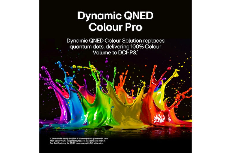 LG 55'' QNED MiniLed TV showcasing vibrant splashes of multicolored paint on a black background.