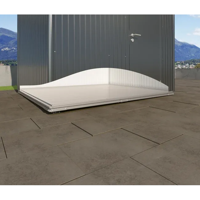 Biohort SmartBase garden shed foundation installed on a tiled outdoor surface in front of a gray shed door.