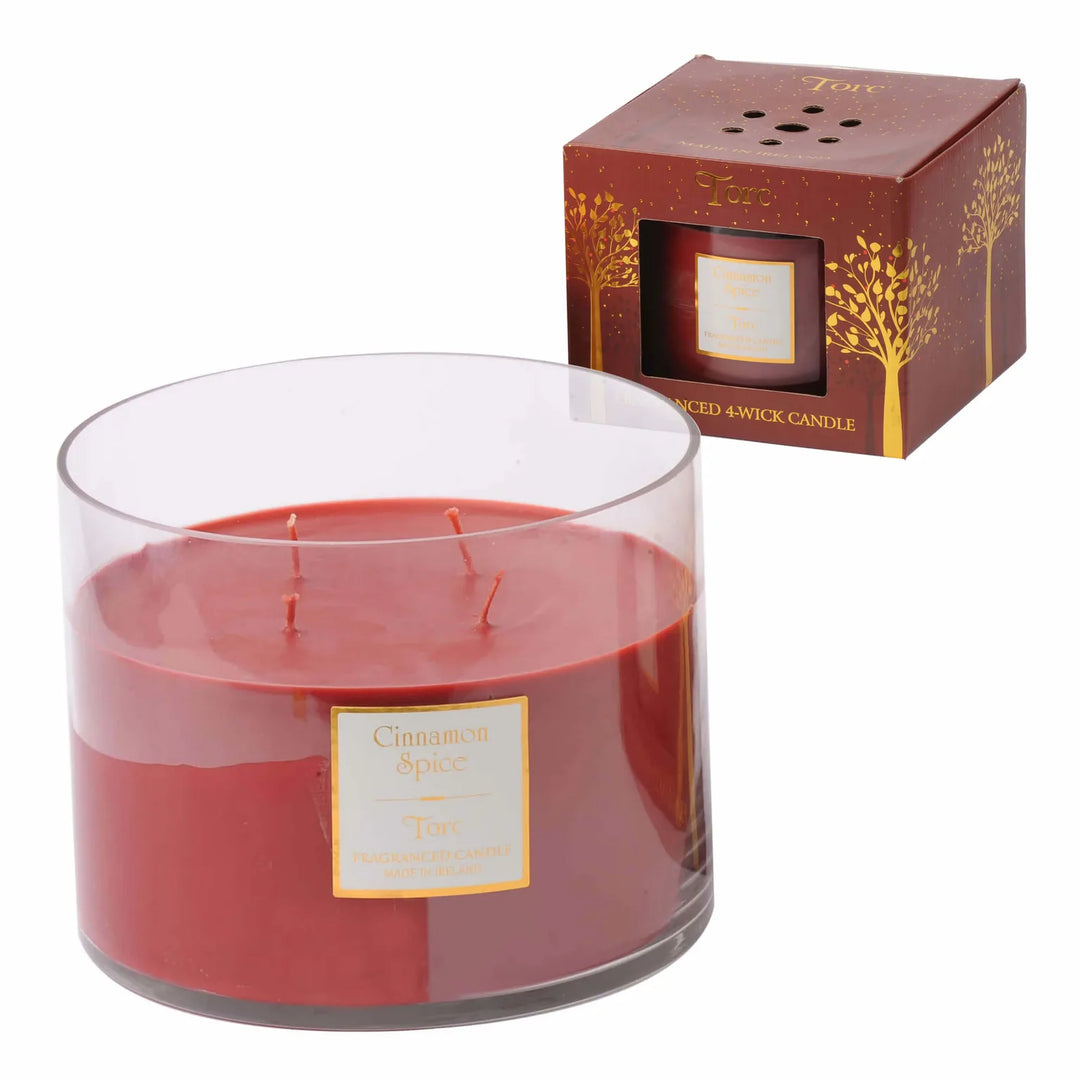Large Torc Cinnamon Spice 4-wick candle in clear glass with matching decorative box in red and gold