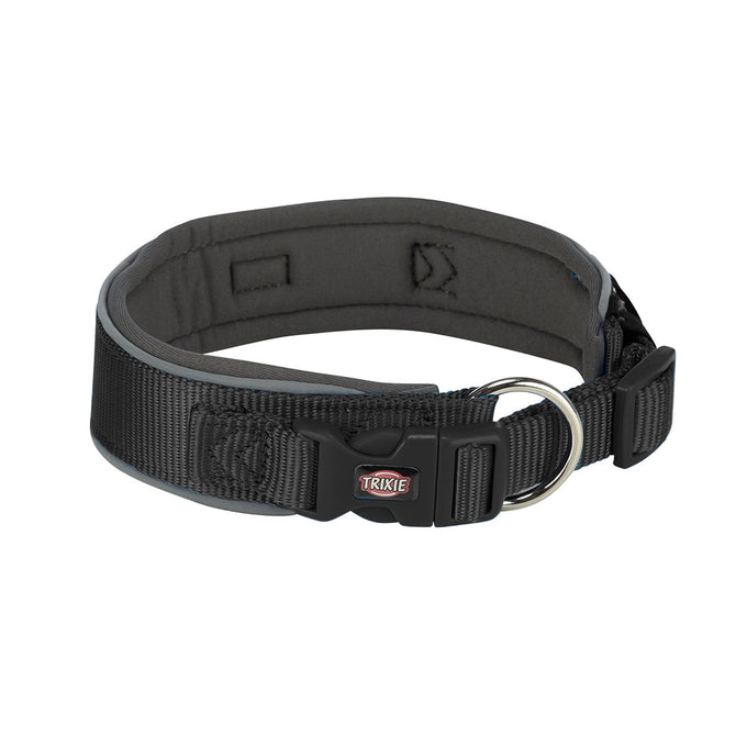 Black/Grey Premium Neoprene Padded Dog Collar L-XL with Reflective Parts, Strain-Relieved Buckle, Tracker Loop – Keans