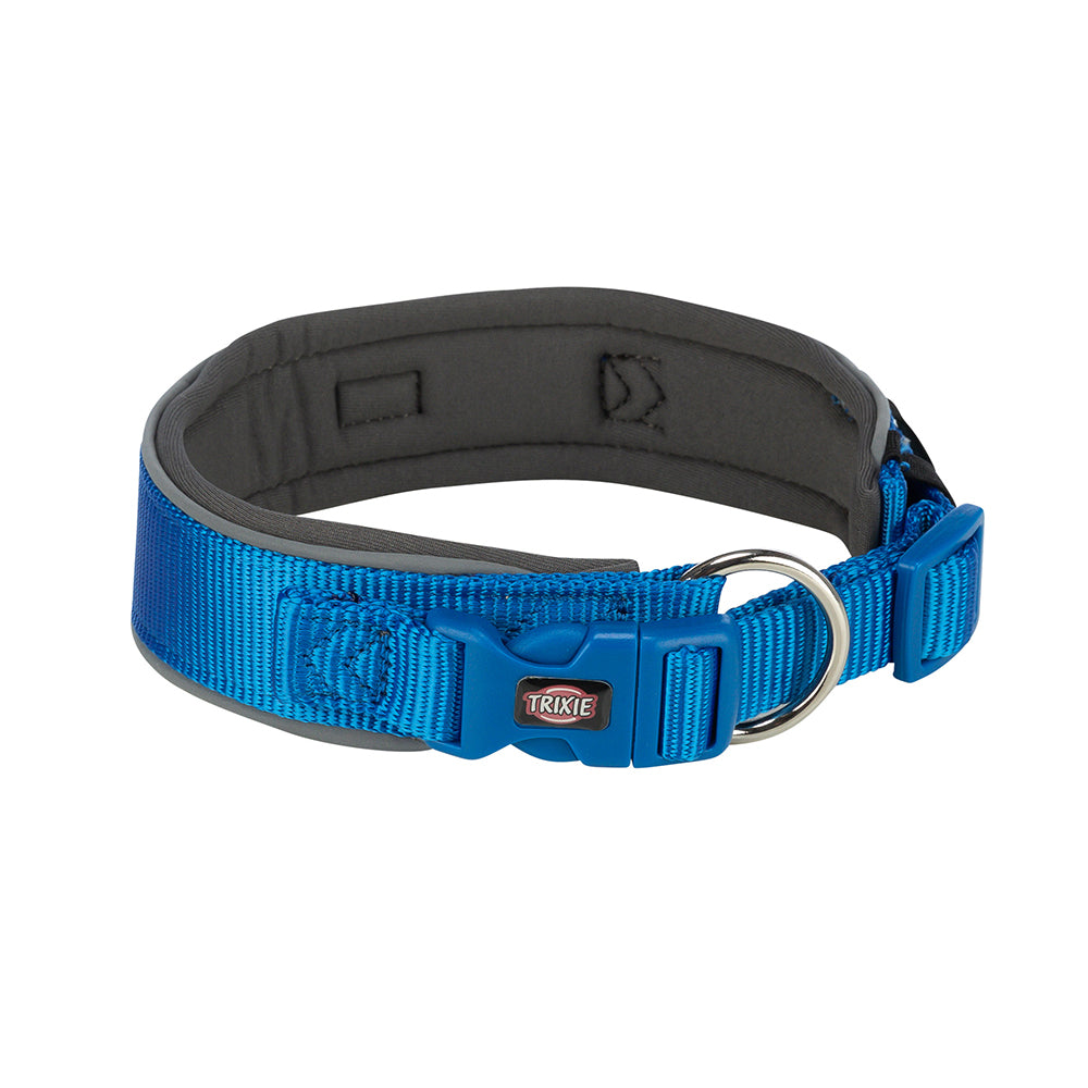 Premium L-XL neoprene padded dog collar in royal blue/grey with reflective parts, buckle, and tag loop – Keans Claremorris