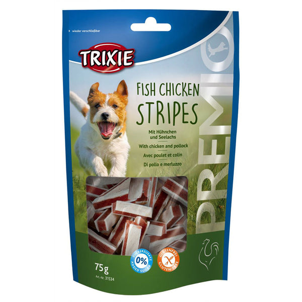 Premio Fish Chicken Stripes 75g gluten-free dog treats with 65% meat, 18% fish, no added sugar, resealable bag - Keans