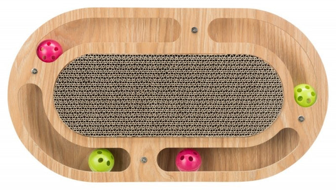 Scratching cardboard with sturdy wooden frame for cats, durable and eco-friendly – available at Keans Claremorris.