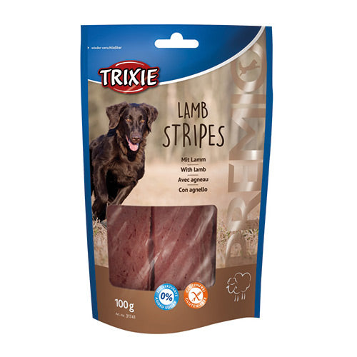 Premio Lamb Strips 90g, 90% lamb meat, high protein, no added sugar, resealable bag – available at Keans Claremorris.