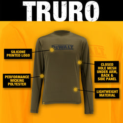 DEWALT Long Sleeve Performance T-Shirt in Olive, breathable fabric, durable design, available at Keans Claremorris.