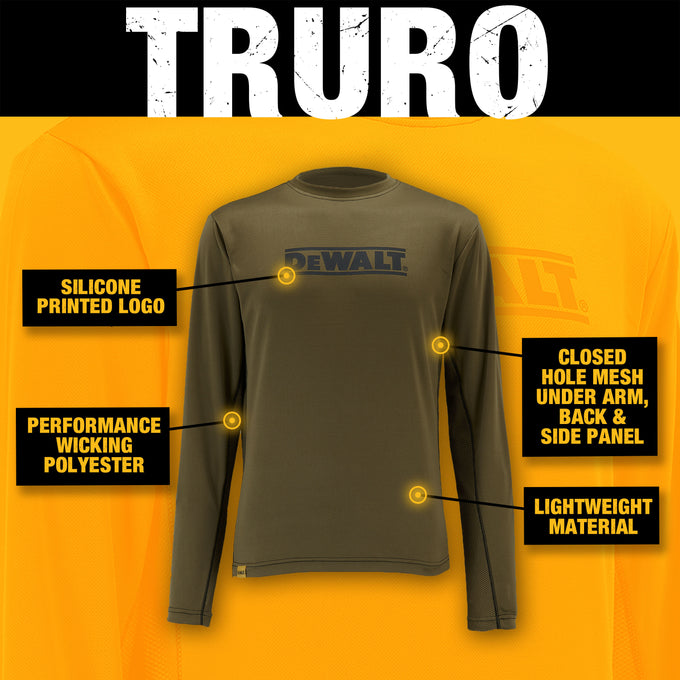 DEWALT Long Sleeve Performance T-Shirt in Olive, breathable fabric, durable design, available at Keans Claremorris.