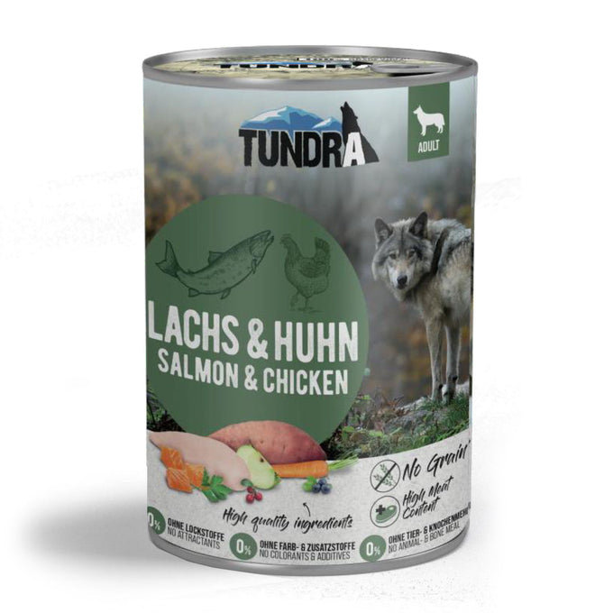 Tundra Salmon & Chicken Dog Food Tin 800g, grain-free, high meat, no additives – available at Keans Claremorris.