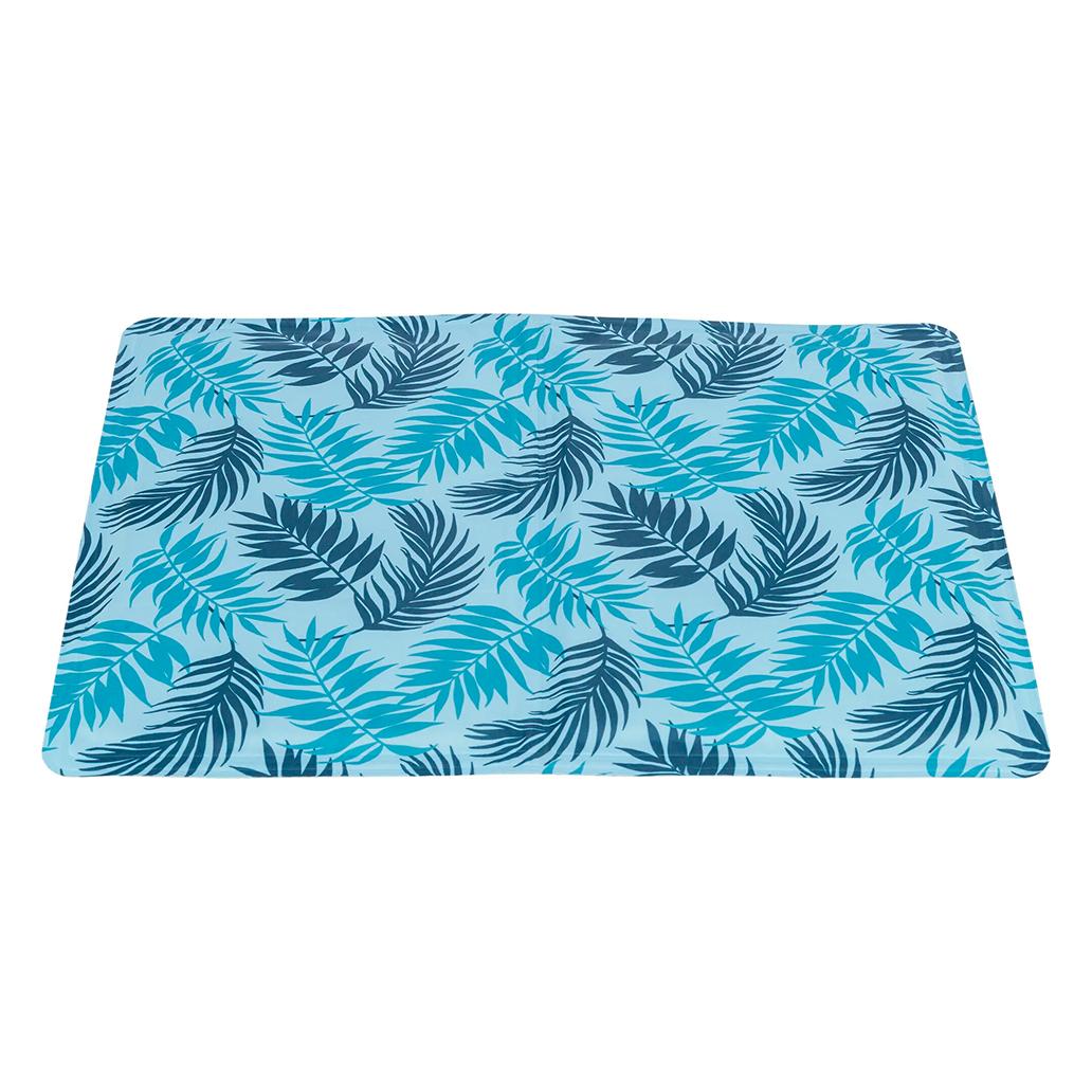 Trixie Cooling Mat with blue and teal palm leaf pattern on a light blue background, rectangular shape.