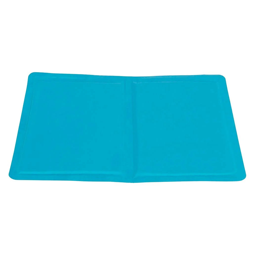 Blue rectangular cooling mat for pets, shown flat on a white background
