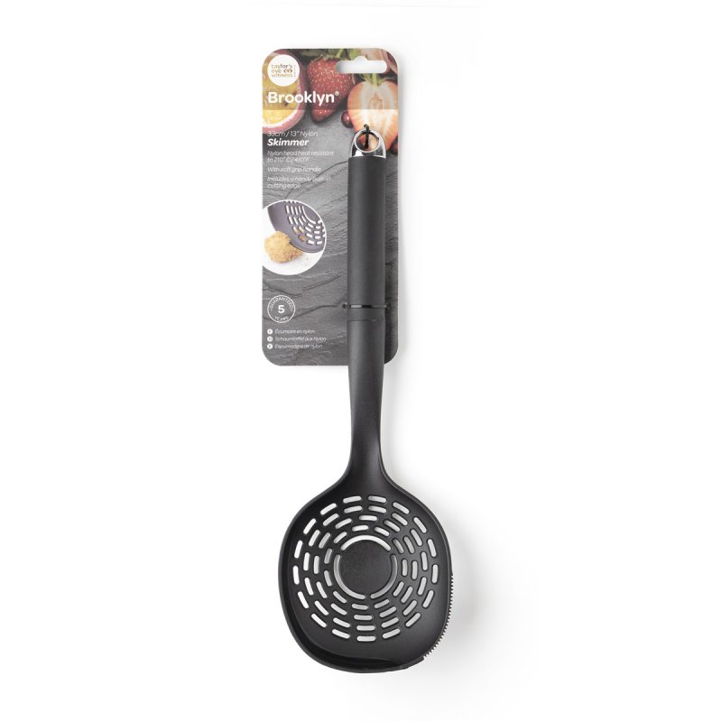 Brooklyn 33cm black nylon skimmer with slotted bowl and hanging loop on packaging card
