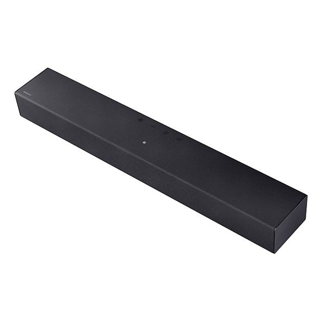 Samsung HW-B400F/XU 2.0-Channel black soundbar with slim rectangular design and top control buttons visible.