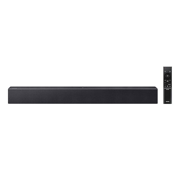 Samsung HW-B400F/XU 2.0-channel black soundbar with matching slim remote control on white background