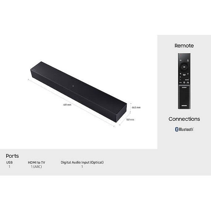 Samsung HW-B400F/XU soundbar with remote, showing dimensions and Bluetooth connectivity icons.