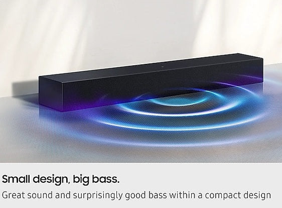 Samsung HW-B400F/XU 2.0-channel soundbar shown with blue sound waves illustrating its bass performance.