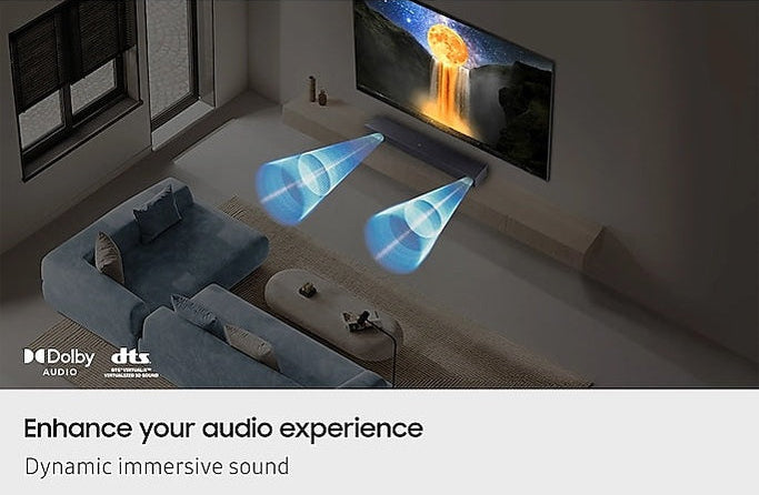 Samsung HW-B400F/XU soundbar mounted below TV in living room with sound beams shown projecting forward.