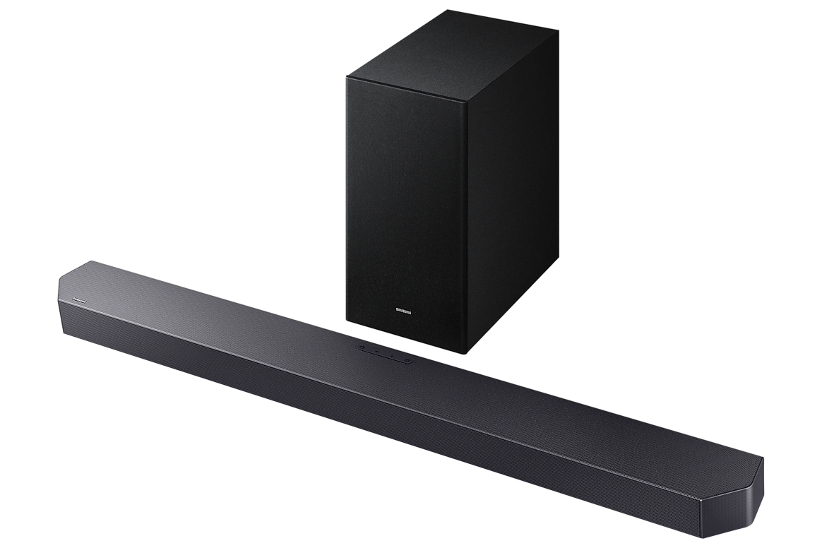 Samsung Q600F 3.1.2 channel soundbar and wireless subwoofer in black with angled edges and control buttons on top.