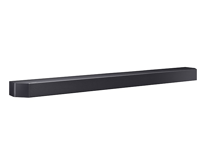 Samsung Q600F soundbar shown from a front angle, featuring a slim black design with a mesh grille.
