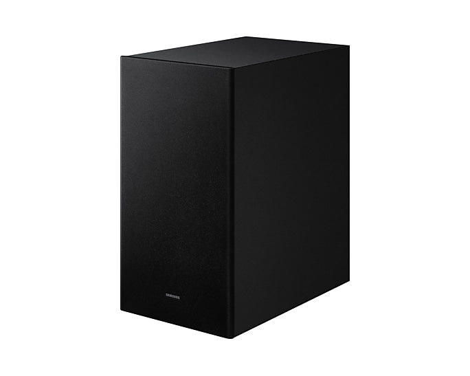 Samsung Q600F subwoofer in black with a minimalist rectangular design and subtle Samsung logo on front panel.