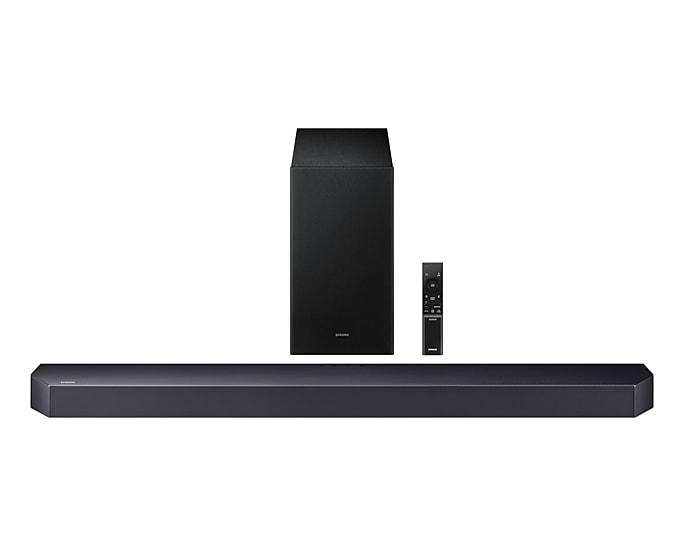 Samsung Q600F soundbar with subwoofer and remote, shown front view on white background.