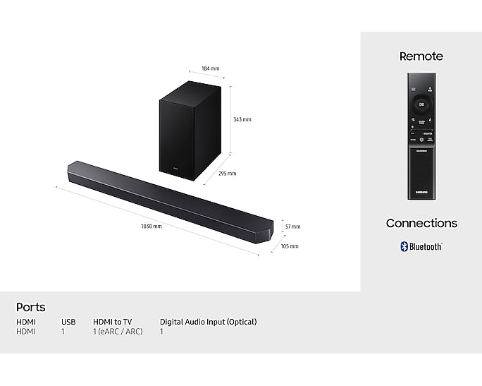 Samsung Q600F soundbar and subwoofer with remote, shown with dimensions and connection ports.