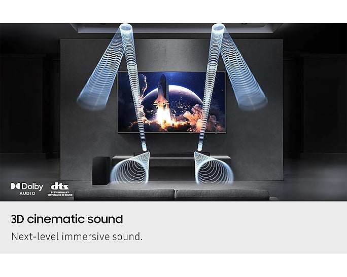 Samsung Q600F soundbar and subwoofer below a TV with visual sound waves illustrating 3D Dolby Atmos audio.
