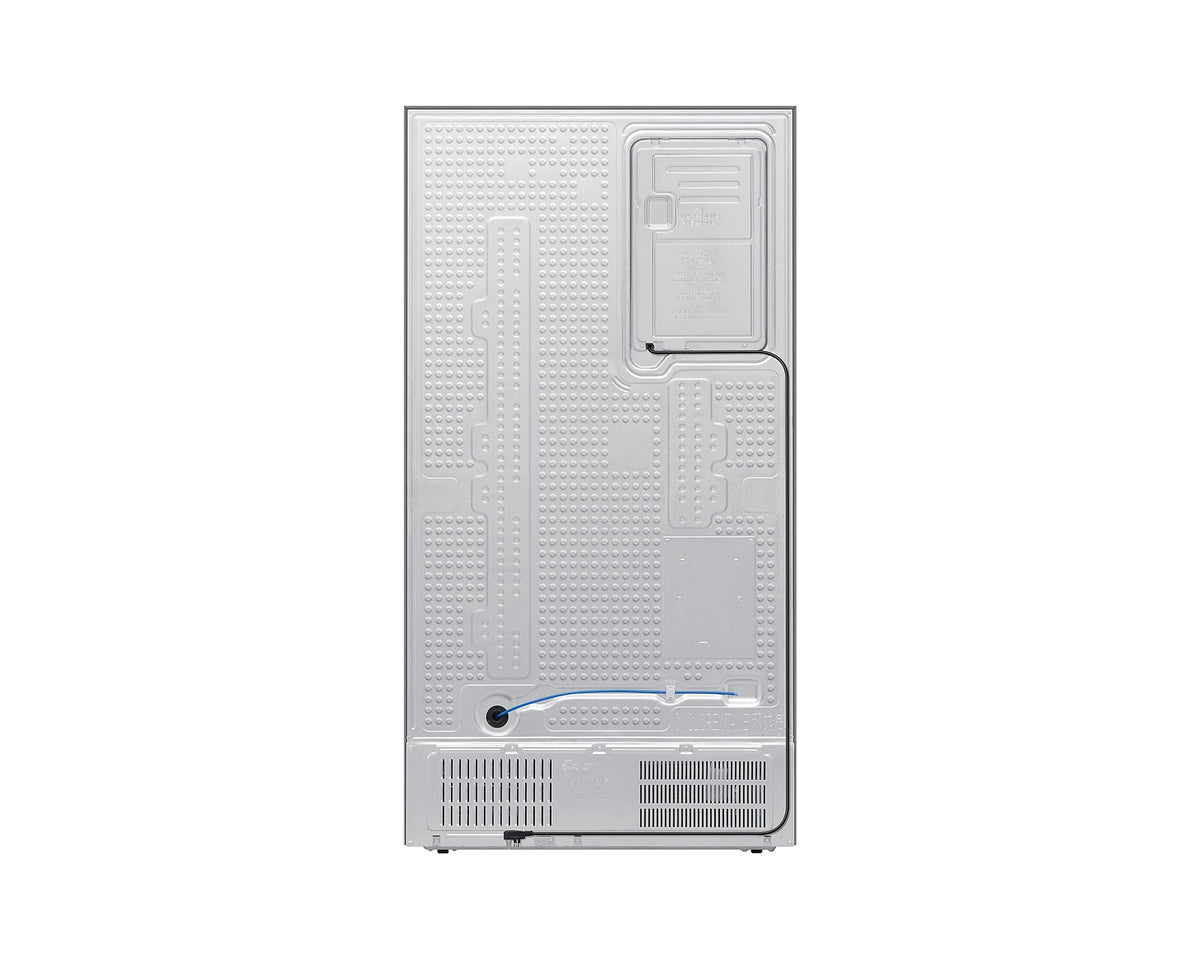 Back view of Samsung Plumbed Series 8 SBS American Fridge Freezer showing metal panel and wiring.