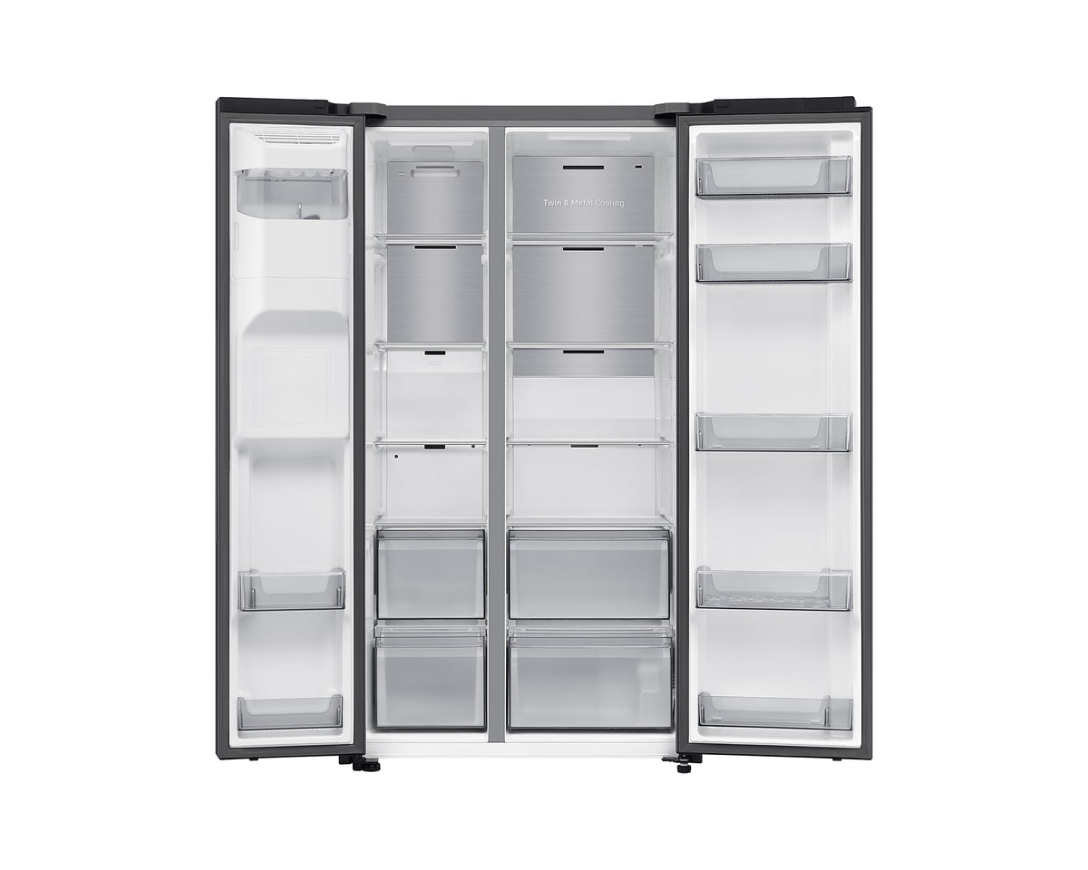 Samsung Plumbed Series 8 black American fridge freezer with both doors open showing empty shelves and compartments.