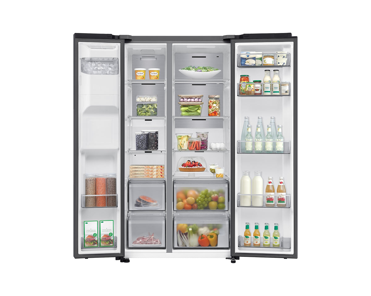 Samsung Plumbed Series 8 black American fridge freezer open, showing organized shelves with food and drinks inside.