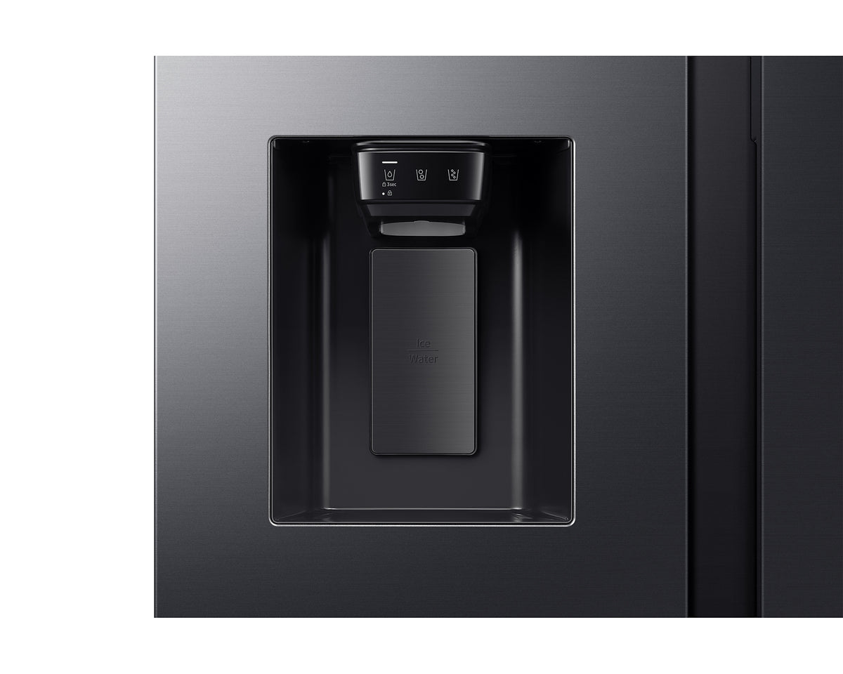 Close-up of the black water and ice dispenser on the Samsung Plumbed Series 8 SBS American Fridge Freezer.