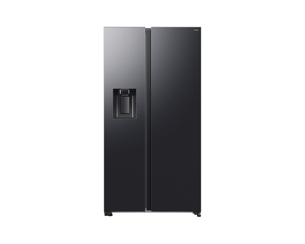 Samsung Series 8 black plumbed American fridge freezer with side-by-side doors and water dispenser on left door