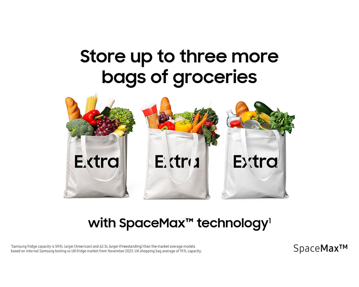Three white shopping bags filled with groceries under text about storing three more bags with SpaceMax technology