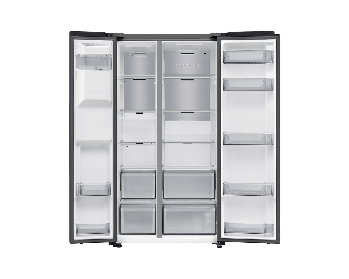 Samsung Plumbed Series 8 silver American fridge freezer with both doors open showing shelves and compartments.