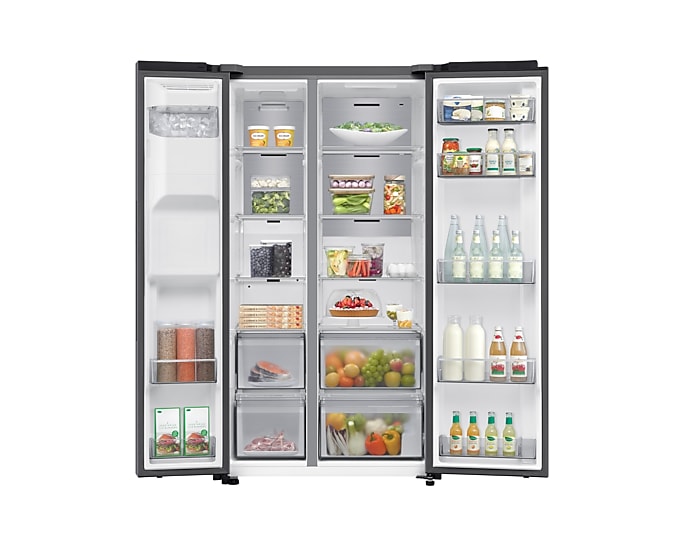 Samsung Plumbed Series 8 SBS American fridge freezer in silver with both doors open, showing stocked interior shelves and