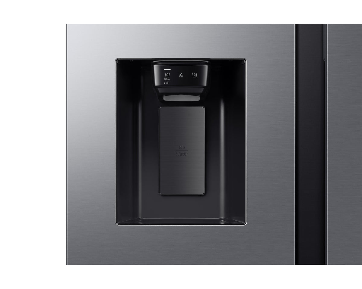 Close-up of Samsung Plumbed Series 8 SBS American Fridge Freezer silver water and ice dispenser panel