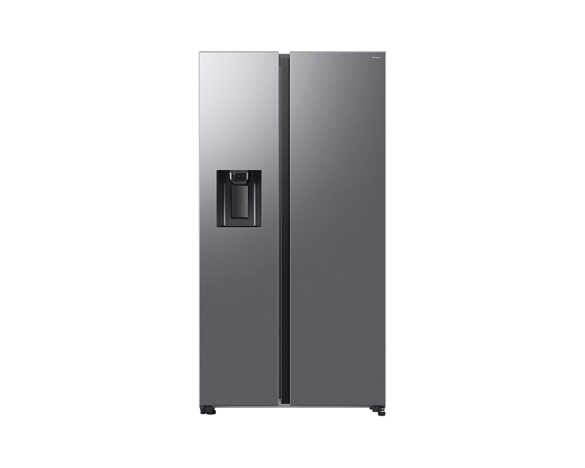 Samsung Series 8 silver side-by-side fridge freezer with plumbed water and ice dispenser, front view.