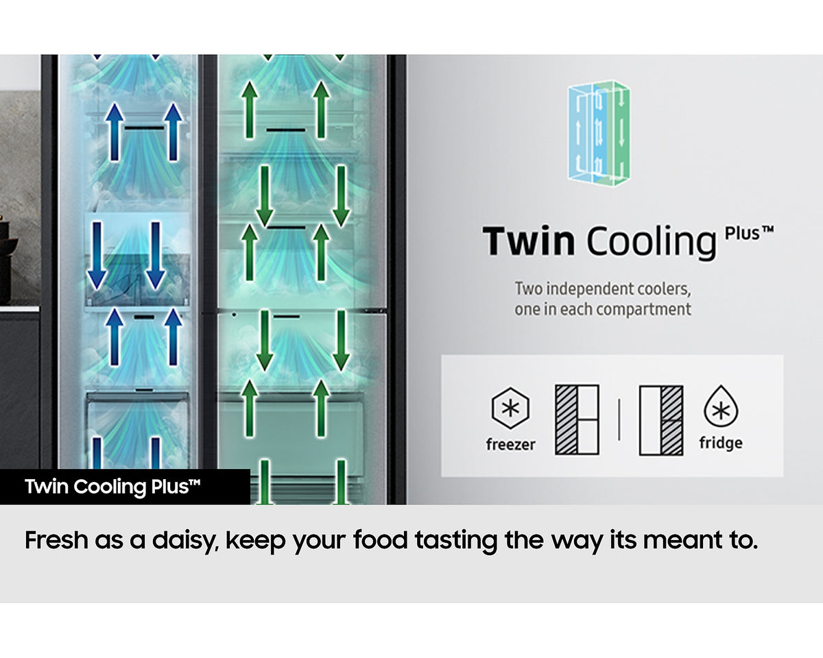 Samsung Plumbed Series 8 fridge freezer with arrows showing Twin Cooling Plus airflow in freezer and fridge compartments.