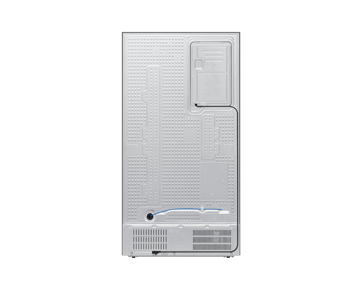 Back view of Samsung Smart SBS Family Hub American fridge freezer showing metal panel and wiring.