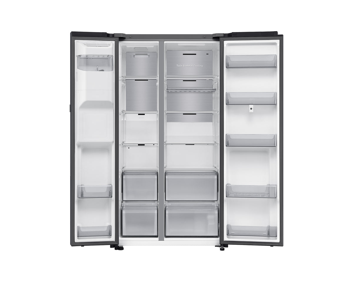 Samsung Smart SBS Family Hub fridge freezer in black with both doors open showing empty shelves and compartments.
