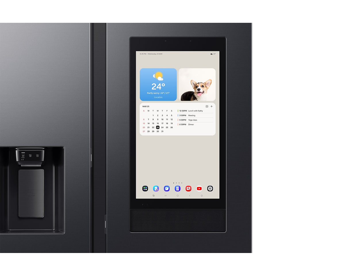 Samsung Smart SBS Family Hub fridge freezer in black with touchscreen displaying weather, calendar, and photo.