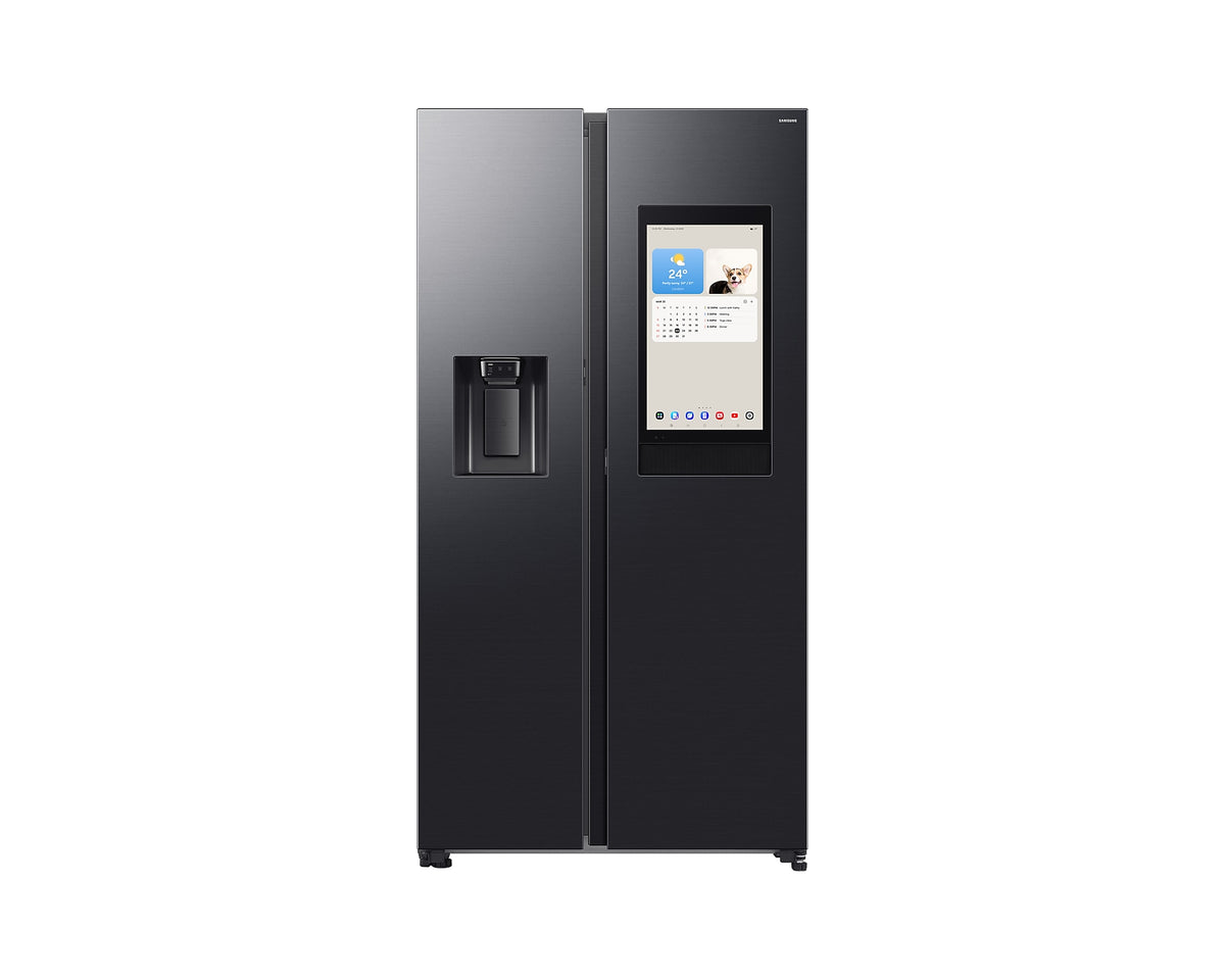 Samsung Smart SBS Family Hub fridge freezer in black with touchscreen and water dispenser on front