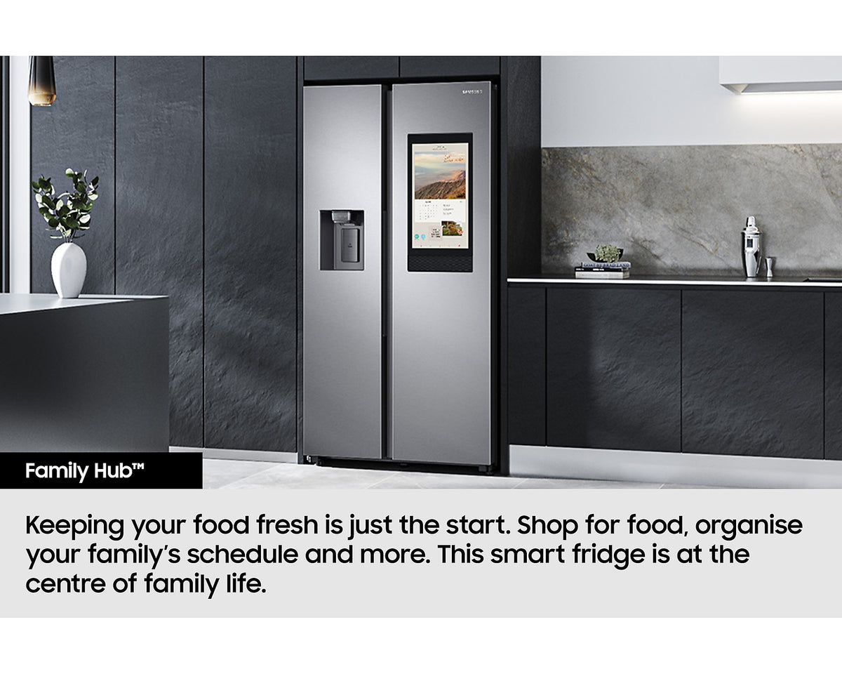 Samsung Smart SBS Family Hub fridge freezer in black with touchscreen display and water dispenser in a modern kitchen.