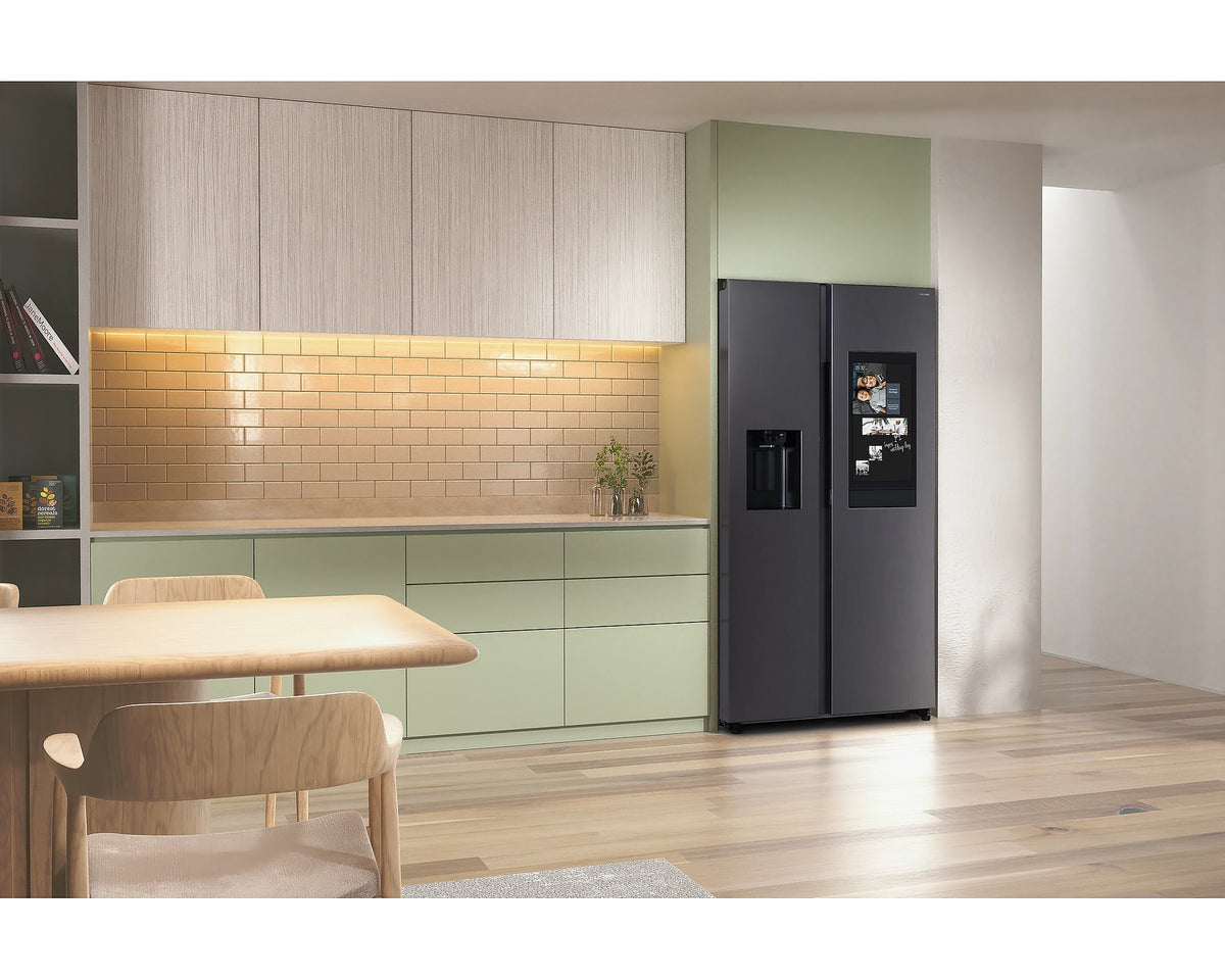 Samsung Smart SBS Family Hub fridge freezer in black with touchscreen display in a modern kitchen setting.